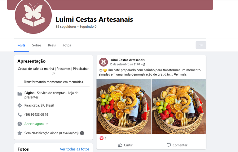 Página oficial da Luimi Cestas Artesanais no Facebook
