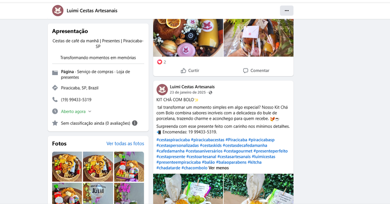 Publicação do Facebook oficial da Luimi Cestas Artesanais com o número (19) 99433-5319